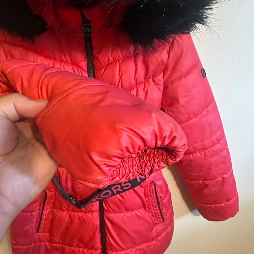 Michael Kors Puffer Jacket Girls 14 Red Zip Faux Fur Hood Logo Belt Outdoor Coat